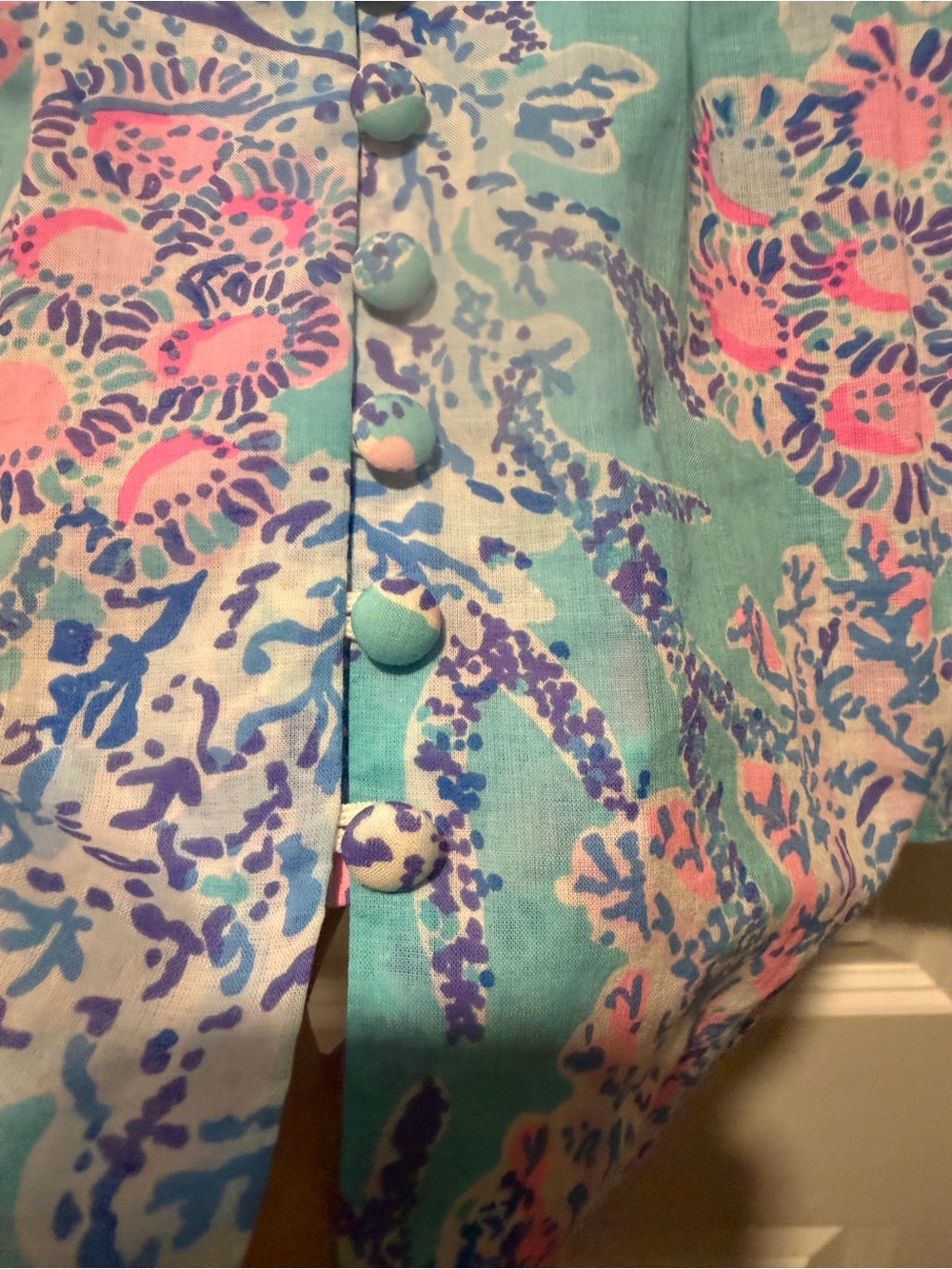 Lilly Pulitzer Turquoise Floral Button-Front Peasant Blouse - Picture 2 of 7